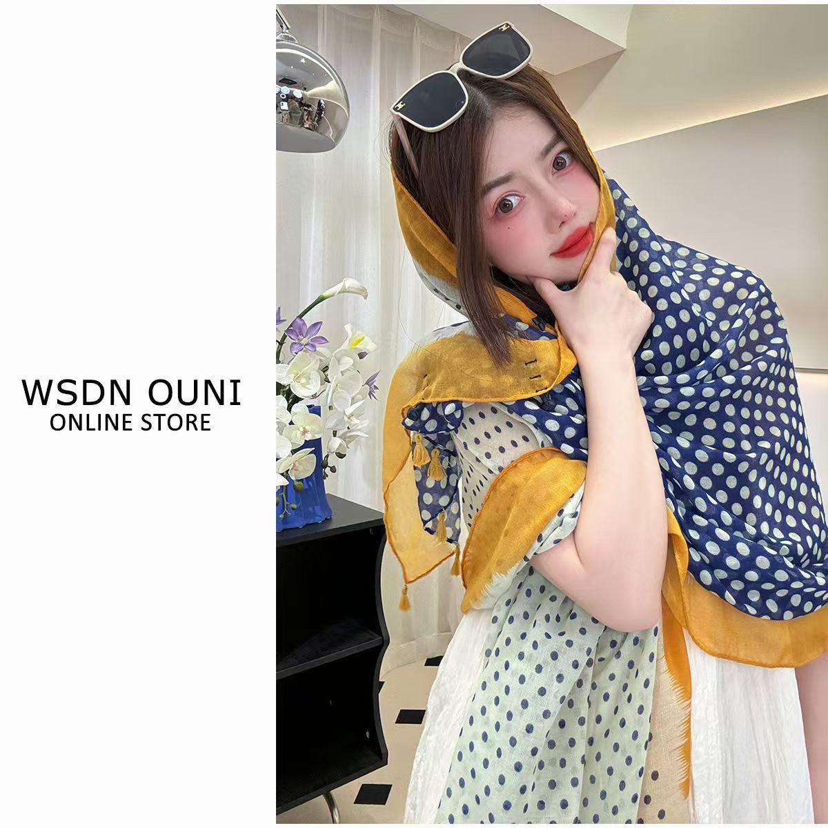 Popular Ethnic Style Shawl Summer Travel Wear Retro Buckle Sun Protection Coat Blue And Yellow Polka Dot 180X90cm