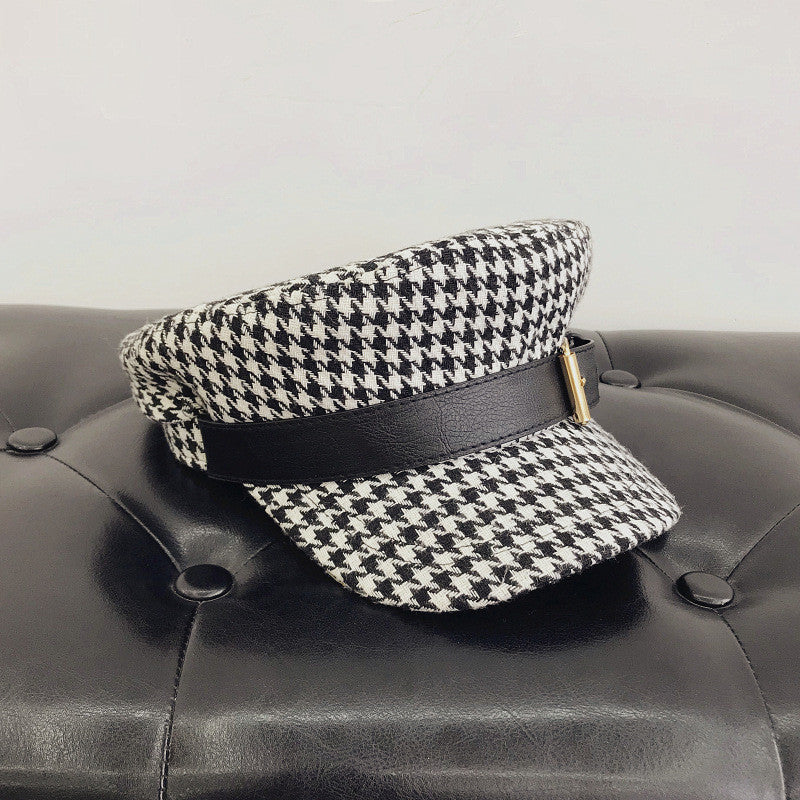 Houndstooth Belt Buckle Navy Flat Military Hat Women's Fashion Houndstooth cap M 56to58cm