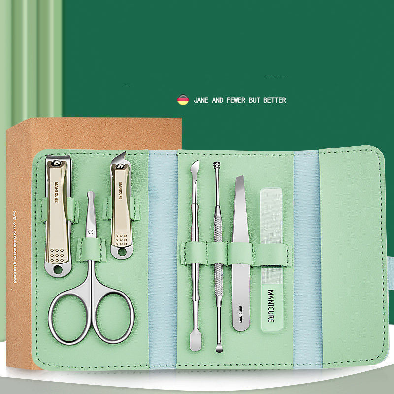 Stainless Steel Anti-splash Nail Clippers Nail Clippers Household Care Tool Set Green Sevenpiece suit