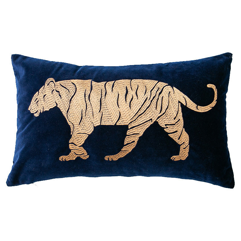 Embroidery Throw Pillow Sofa Cushion Living Room Chair Backrest Office Dark blue tiger