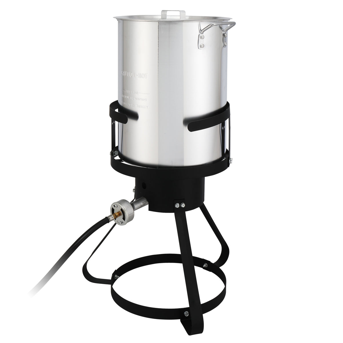 30QT Turkey Pot, 10QT Fish Pot, Four Piece Set, Black Circular Iron Frame, Silver Aluminum Pot, Gas Fryer