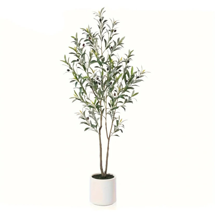 USA Warehouse 7ft 210 cm Artificial Olive Tree with White Planter Artificial Olive Plant Faux Olive Branches for Home Decor