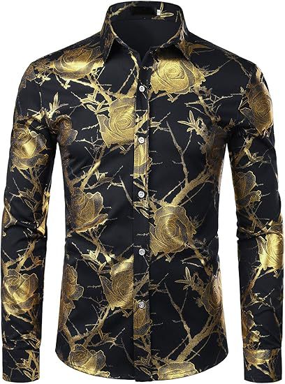 3D Golden Rose Print Slim Fit Long Sleeve Formal Wear Shirt XY15