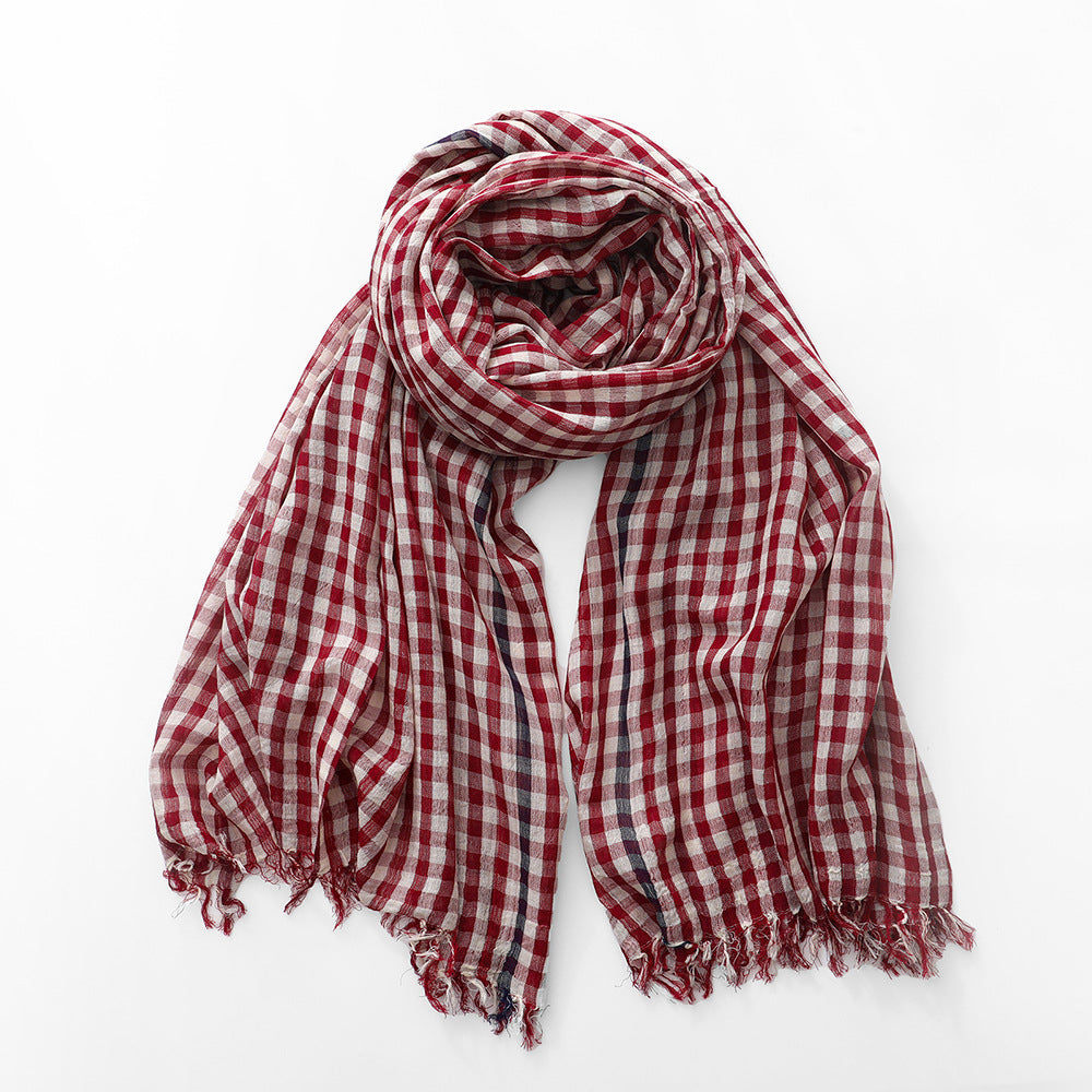 Plaid Scarf Men And Women Cotton Thin Deep Burgundy