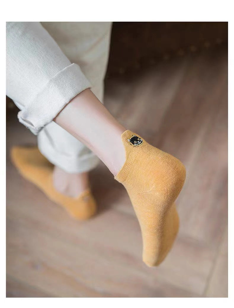 Spring Mesh Breathable Heel Embroidered Cat Women's Boat Socks Ginger Yellow Free Size