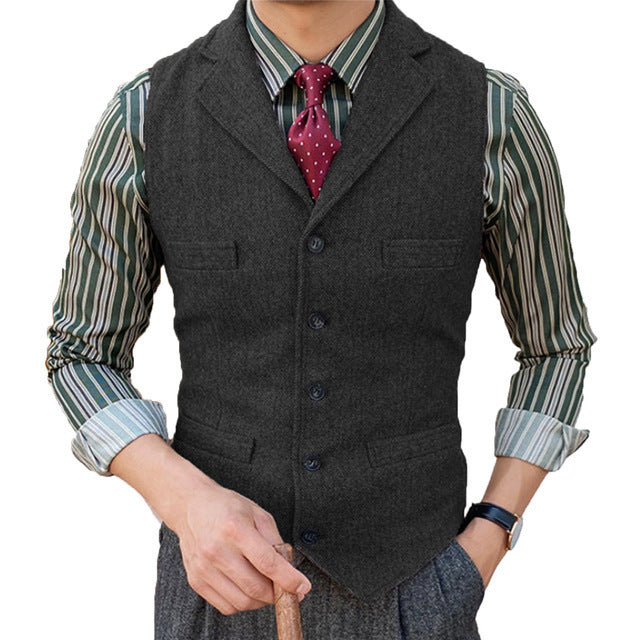Man's Suit Vest Slim Herringbone Pattern Black