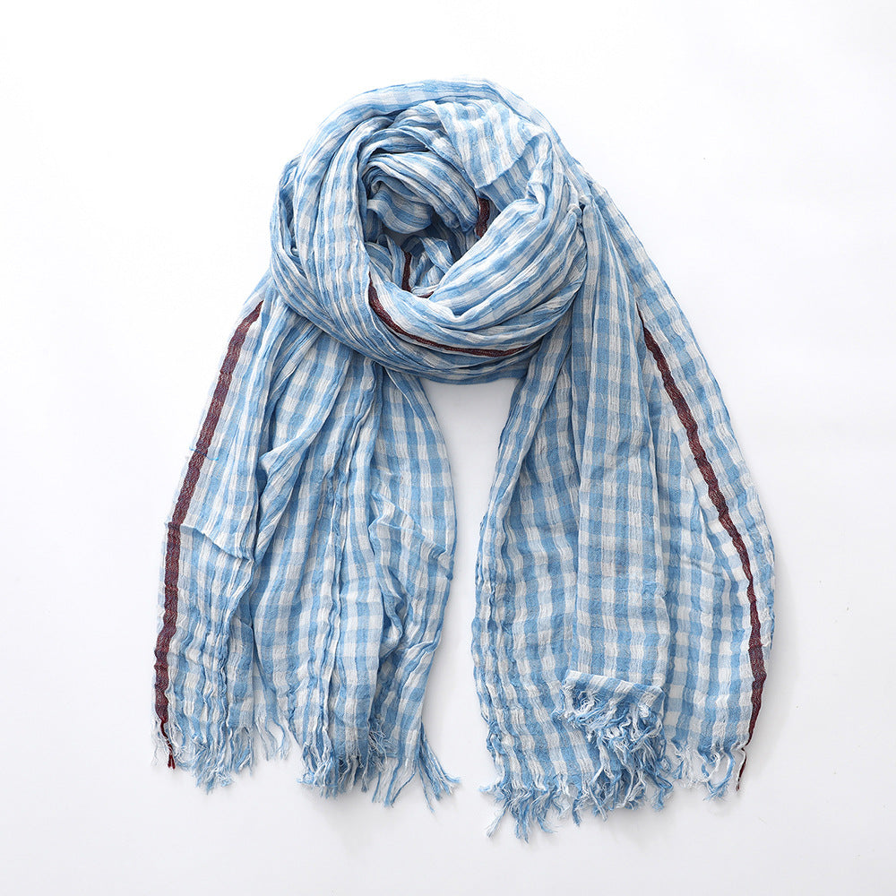 Plaid Scarf Men And Women Cotton Thin Sky Blue
