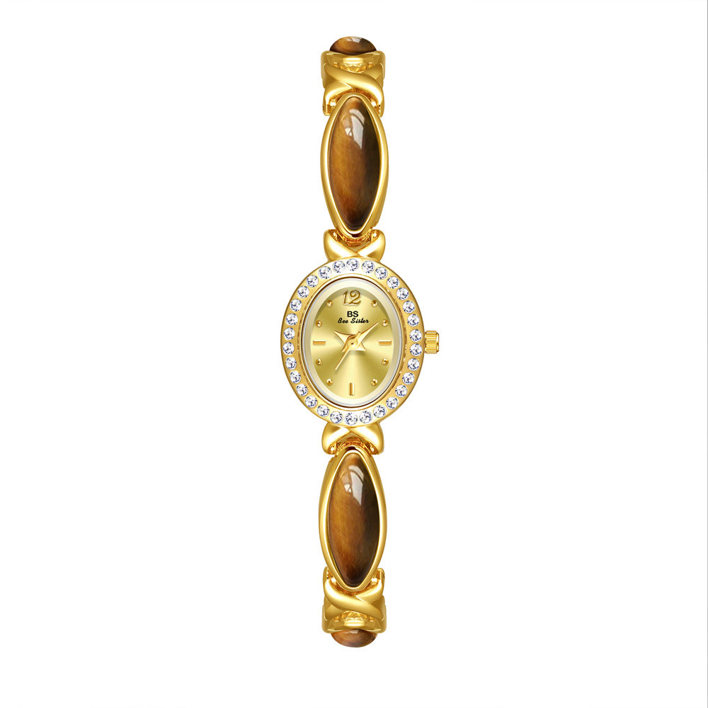 Dongling Stone Hetian Jade Chain Watch Tiger Eye Champagne Gold