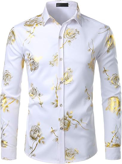 3D Golden Rose Print Slim Fit Long Sleeve Formal Wear Shirt XY4