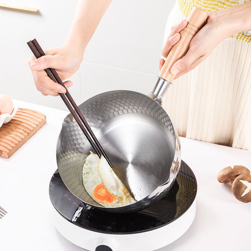 304 Stainless Steel Snow Pan Uncoated Milk Pan Food Frying Pan Thickened Instant Noodle Pan Japanese Style Wooden Handle Milk Soup Pan