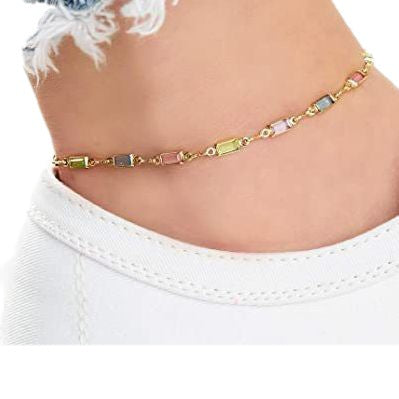 Colorful Women's Crystal Glass Round Oval Square Colored Anklet