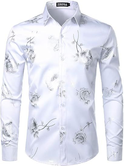 3D Golden Rose Print Slim Fit Long Sleeve Formal Wear Shirt XY1