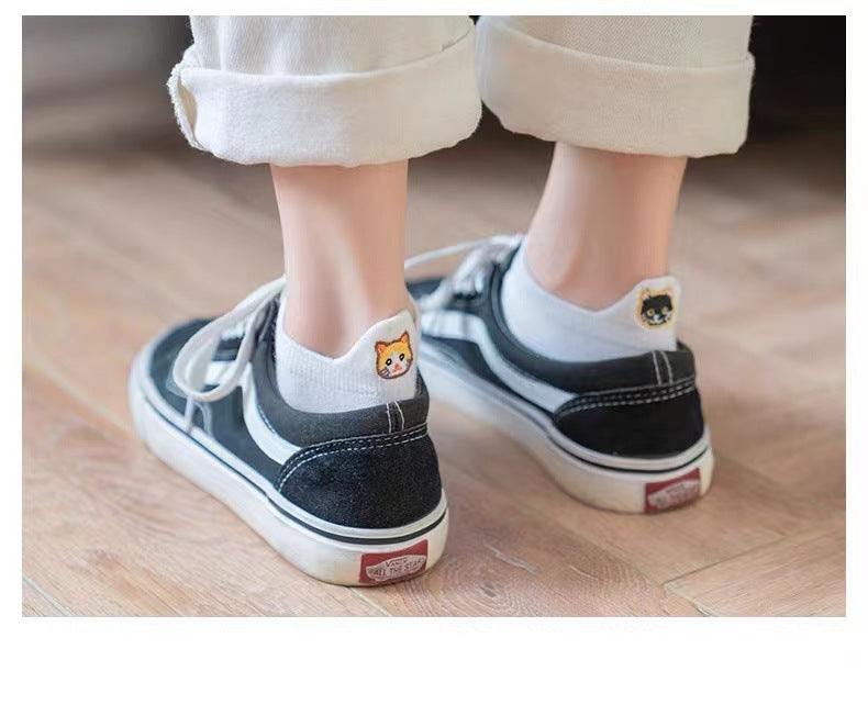 Spring Mesh Breathable Heel Embroidered Cat Women's Boat Socks White Free Size
