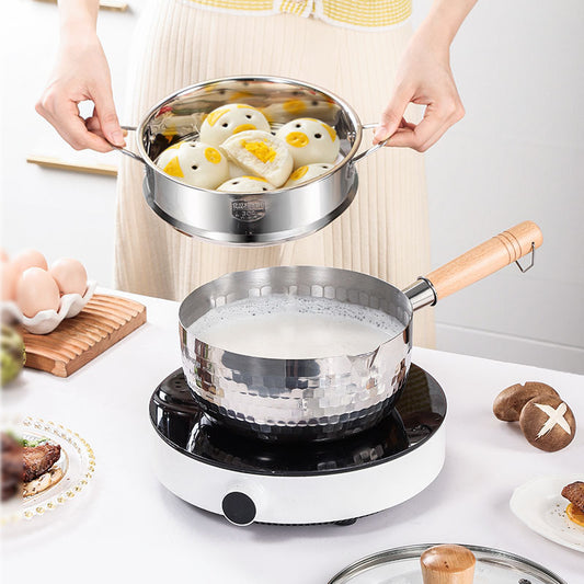 304 Stainless Steel Snow Pan Uncoated Milk Pan Food Frying Pan Thickened Instant Noodle Pan Japanese Style Wooden Handle Milk Soup Pan