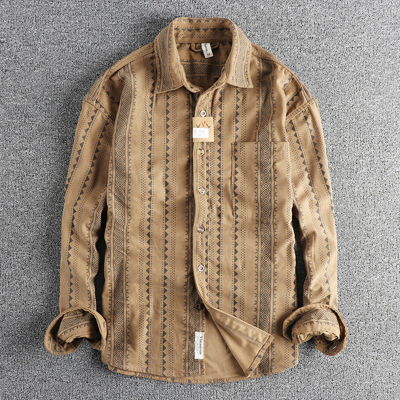 Ethnic Style Navajo Totem American Retro Casual Men's Shirt Deep Khaki
