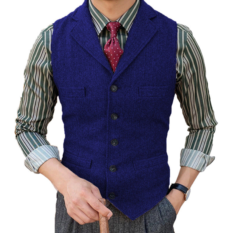 Man's Suit Vest Slim Herringbone Pattern Sapphire Blue