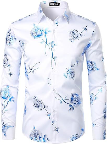 3D Golden Rose Print Slim Fit Long Sleeve Formal Wear Shirt XY10