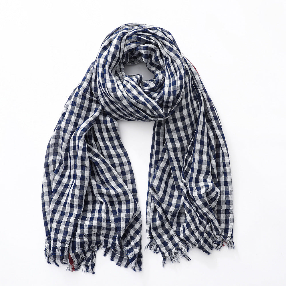 Plaid Scarf Men And Women Cotton Thin Navy Blue