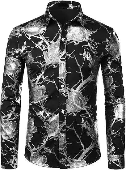 3D Golden Rose Print Slim Fit Long Sleeve Formal Wear Shirt XY13