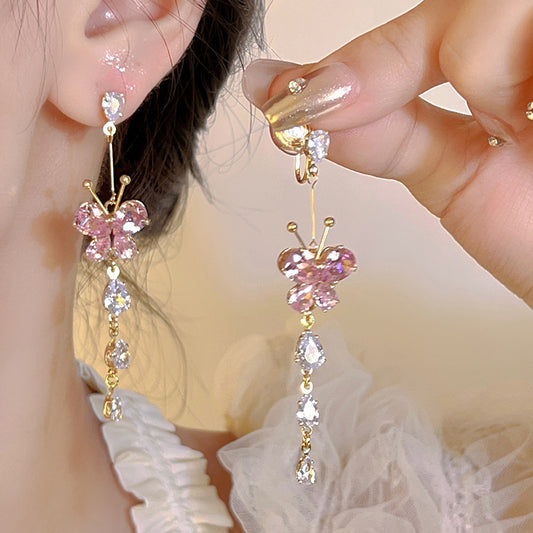 Zircon With Diamond Butterfly Tassel Romantic Earrings