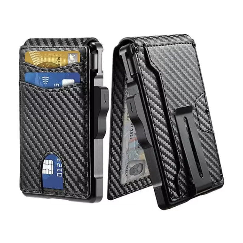 Men's Hot Sale Card Holder Metal Magnetic Flip Wallet Carbon Fiber Black