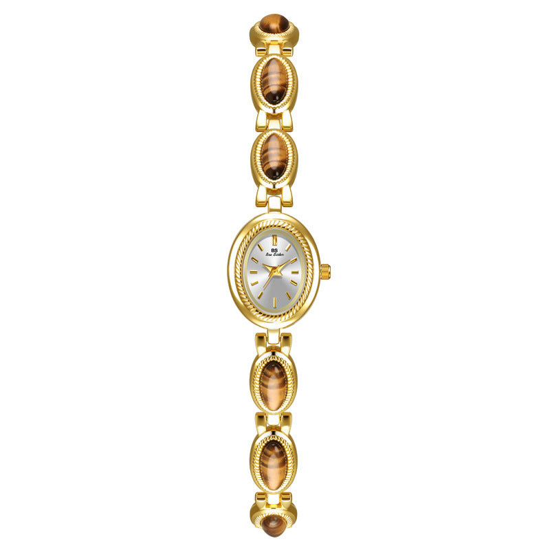 BS Gold Retro Rich Tigereye Chain Watch Tiger Eye Gold White