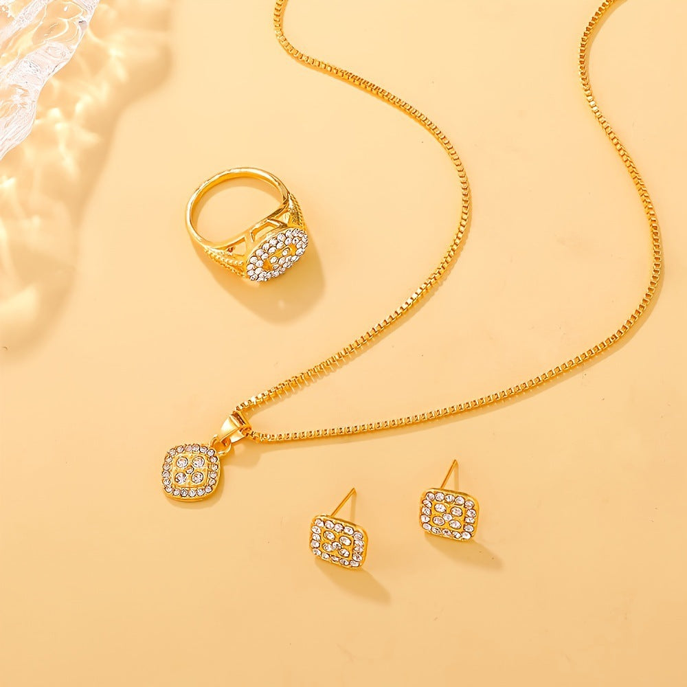 Light Luxury Diamond All-match Necklace Ring Three-piece Earrings Set