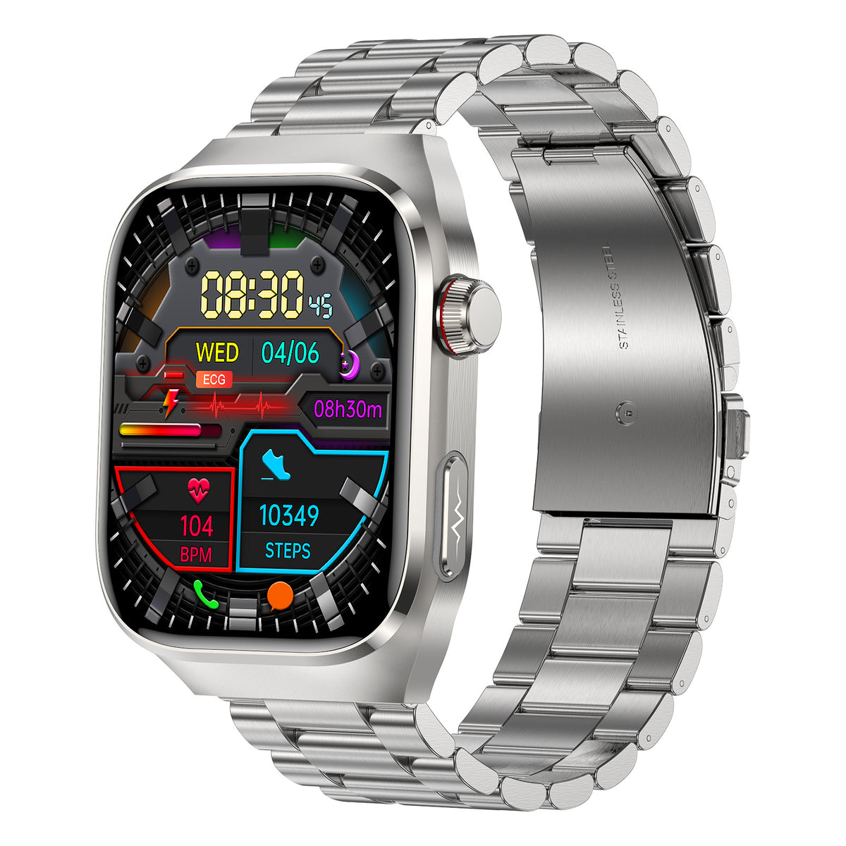 Smart Watch Micro Physical Examination Uric Acid Blood Glucose Blood Lipid Bluetooth Calling Silver Frame Silver Steel Belt