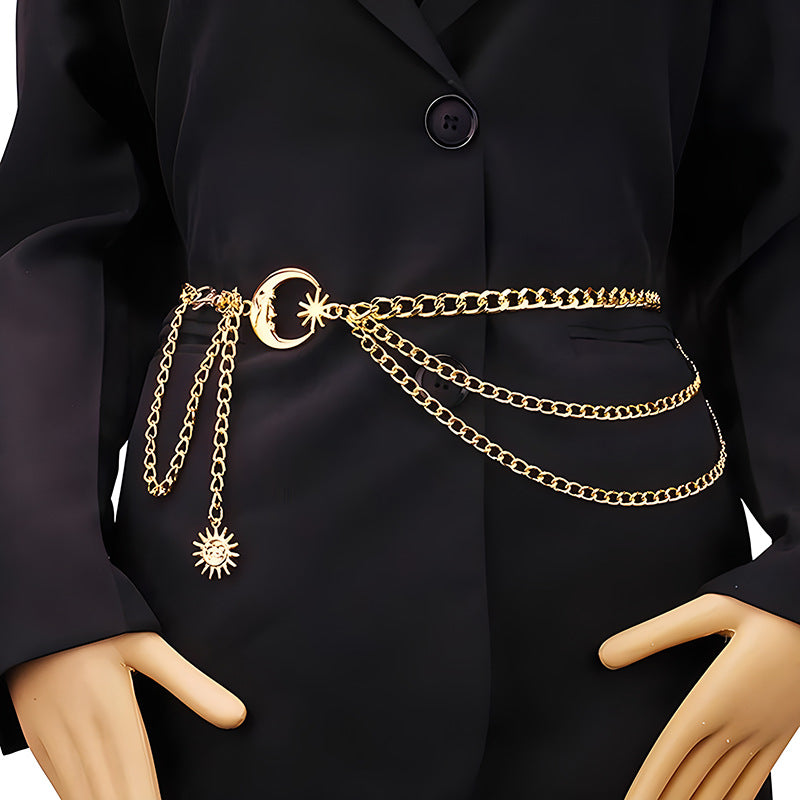 Hip Hop Metal Moon Body Chains Multi-layer Tassel Sun Pendant Street Waist Decorations Gold