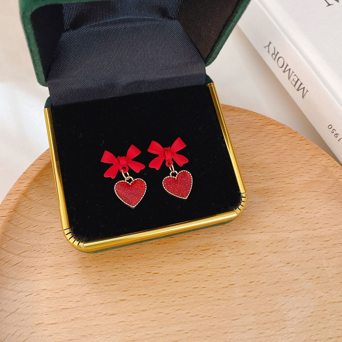 Silver Needle Red Bow Stud Earrings
