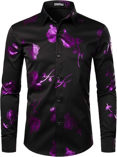 3D Golden Rose Print Slim Fit Long Sleeve Formal Wear Shirt XY2
