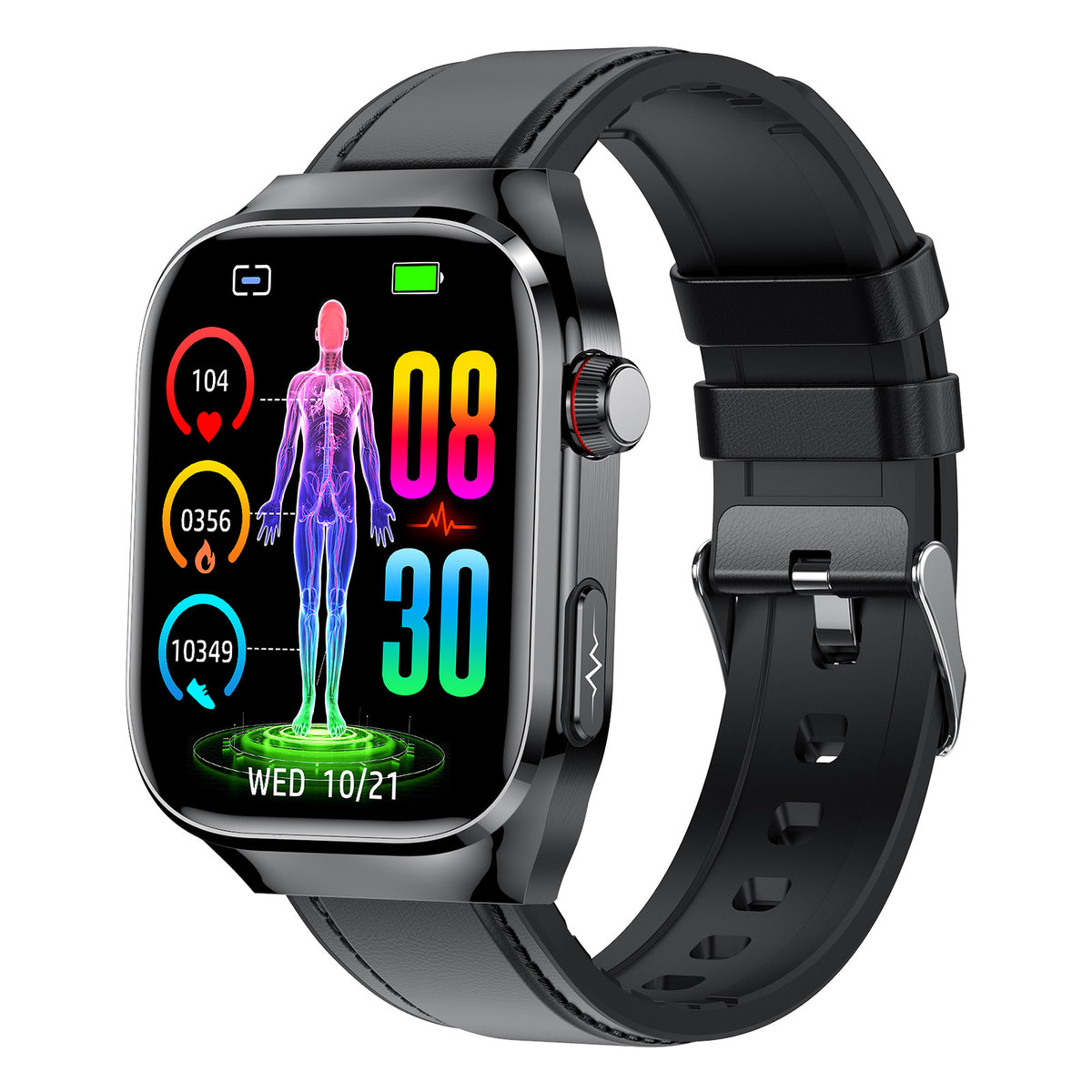 Smart Watch Micro Physical Examination Uric Acid Blood Glucose Blood Lipid Bluetooth Calling Black Frame Black Leather Belt