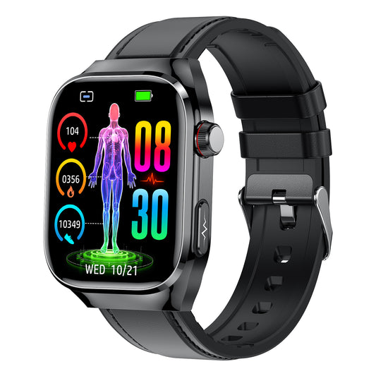 Smart Watch Micro Physical Examination Uric Acid Blood Glucose Blood Lipid Bluetooth Calling Black Frame Black Leather Belt
