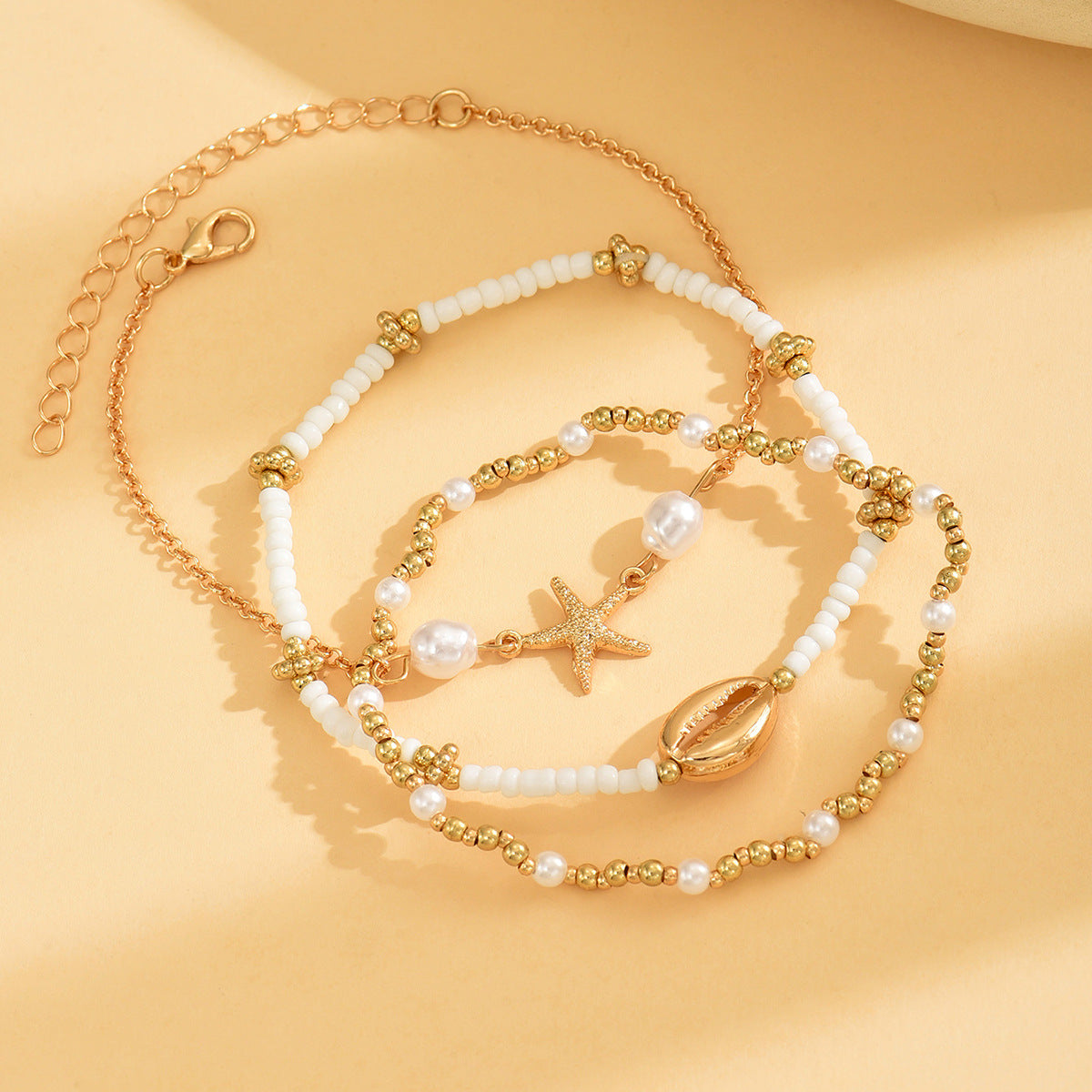 Beach Vacation Bead Shell Starfish Foot Ornaments Anklet Three-piece Set
