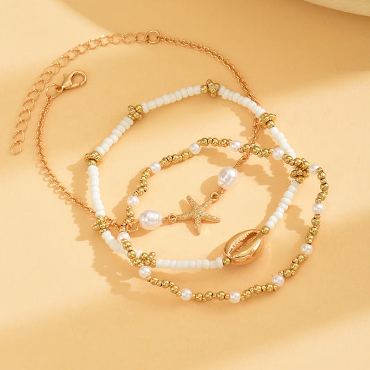 Beach Vacation Bead Shell Starfish Foot Ornaments Anklet Three-piece Set