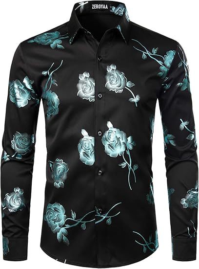 3D Golden Rose Print Slim Fit Long Sleeve Formal Wear Shirt XY9
