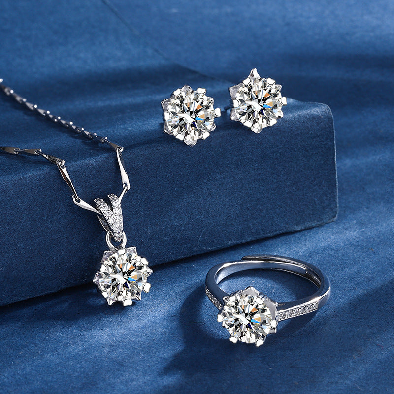 Snowflake Three-piece Simulation Moissanite Ring Necklace And Earring Suit Snowflake 3PCs Suit