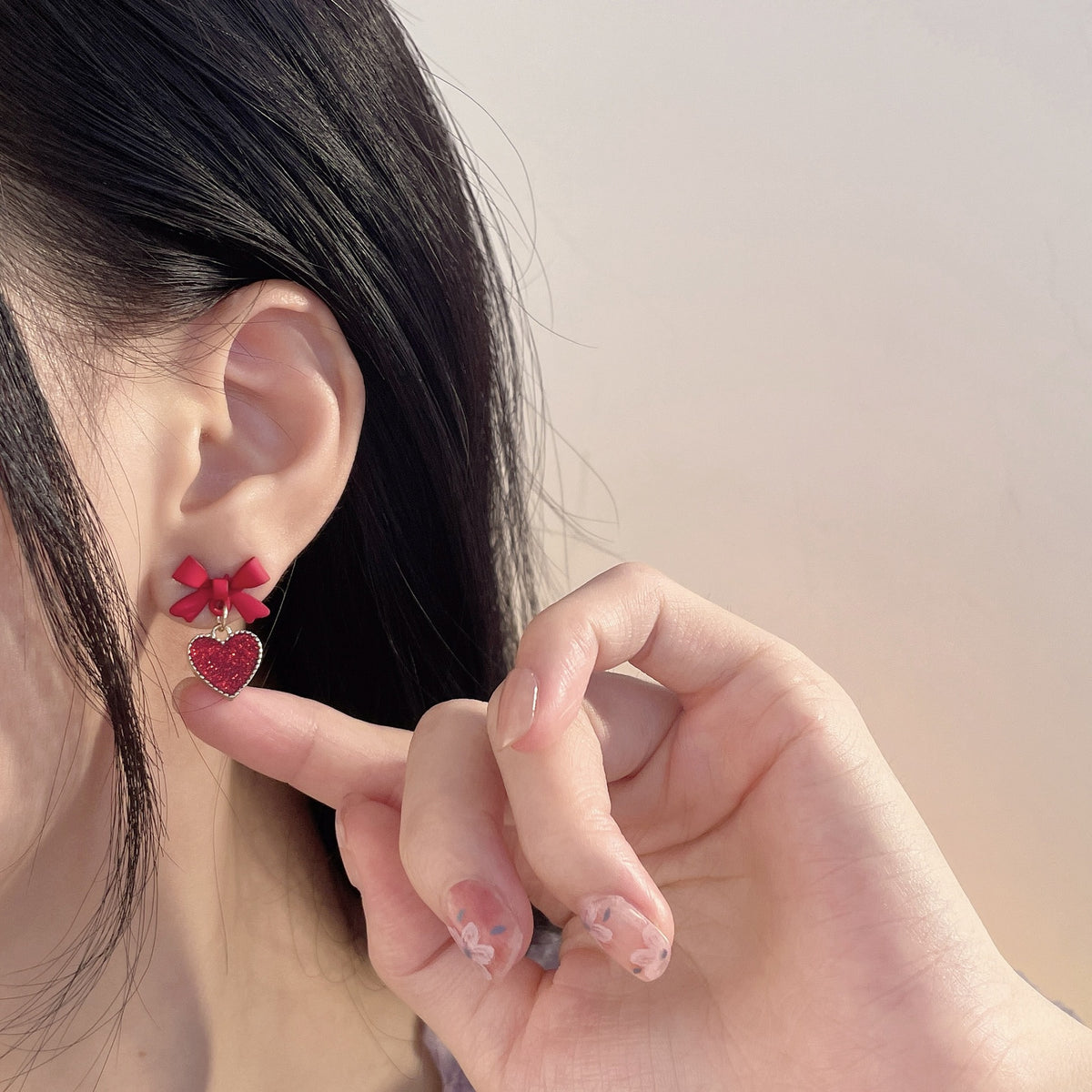 Silver Needle Red Bow Stud Earrings