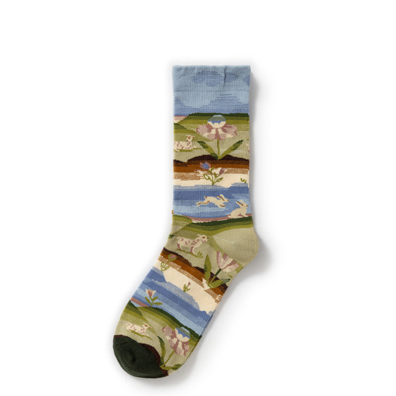 Retro Trendy Autumn And Winter Abstract Art Socks Europe And America Creative Combed Cotton 47color 39to40