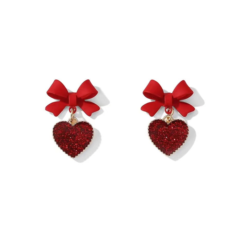 Silver Needle Red Bow Stud Earrings