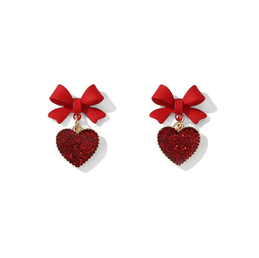 Silver Needle Red Bow Stud Earrings