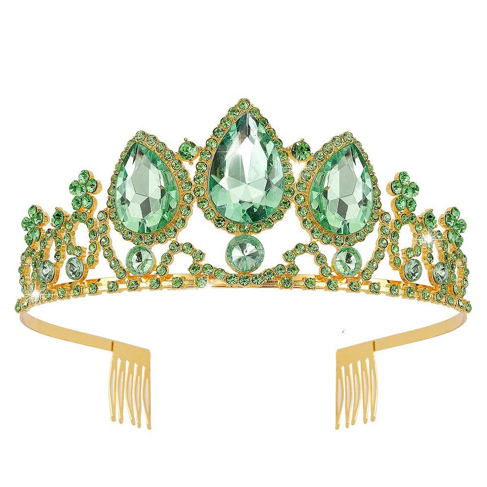 Crown Hair Ornament Water Drop Decoration Crown Girl Rhinestone Hairpin Gold Bottom Hair Comb Green