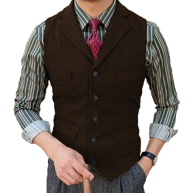Man's Suit Vest Slim Herringbone Pattern Brown