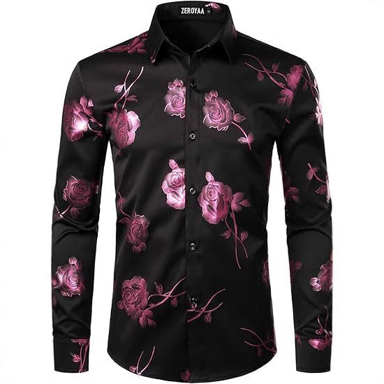 3D Golden Rose Print Slim Fit Long Sleeve Formal Wear Shirt