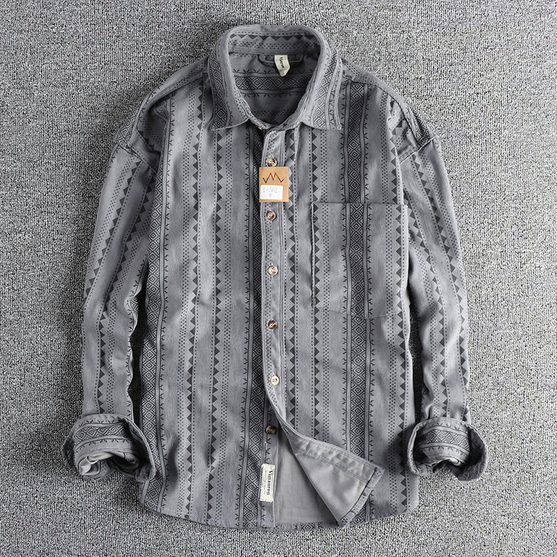 Ethnic Style Navajo Totem American Retro Casual Men's Shirt Gray