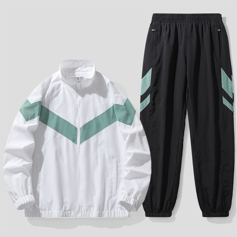 Cardigan Stand-up Collar Breathable Mesh Taslon Coat For Men Exercise Casual Pants Suit White