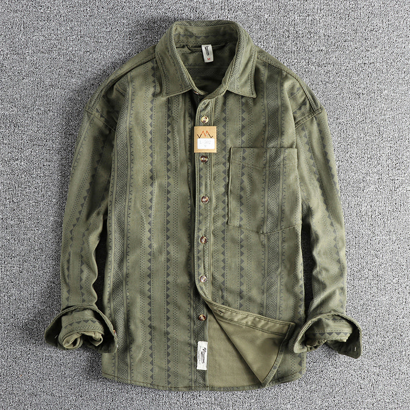 Ethnic Style Navajo Totem American Retro Casual Men's Shirt Army Green