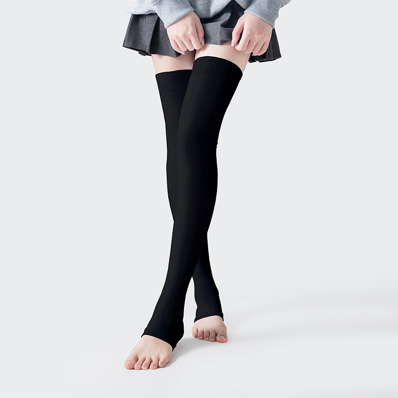 Autumn And Winter Plus Size Extended Cotton Over-the-knee Thigh Warm Socks Black With Stirrup Free Size