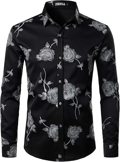 3D Golden Rose Print Slim Fit Long Sleeve Formal Wear Shirt XY6
