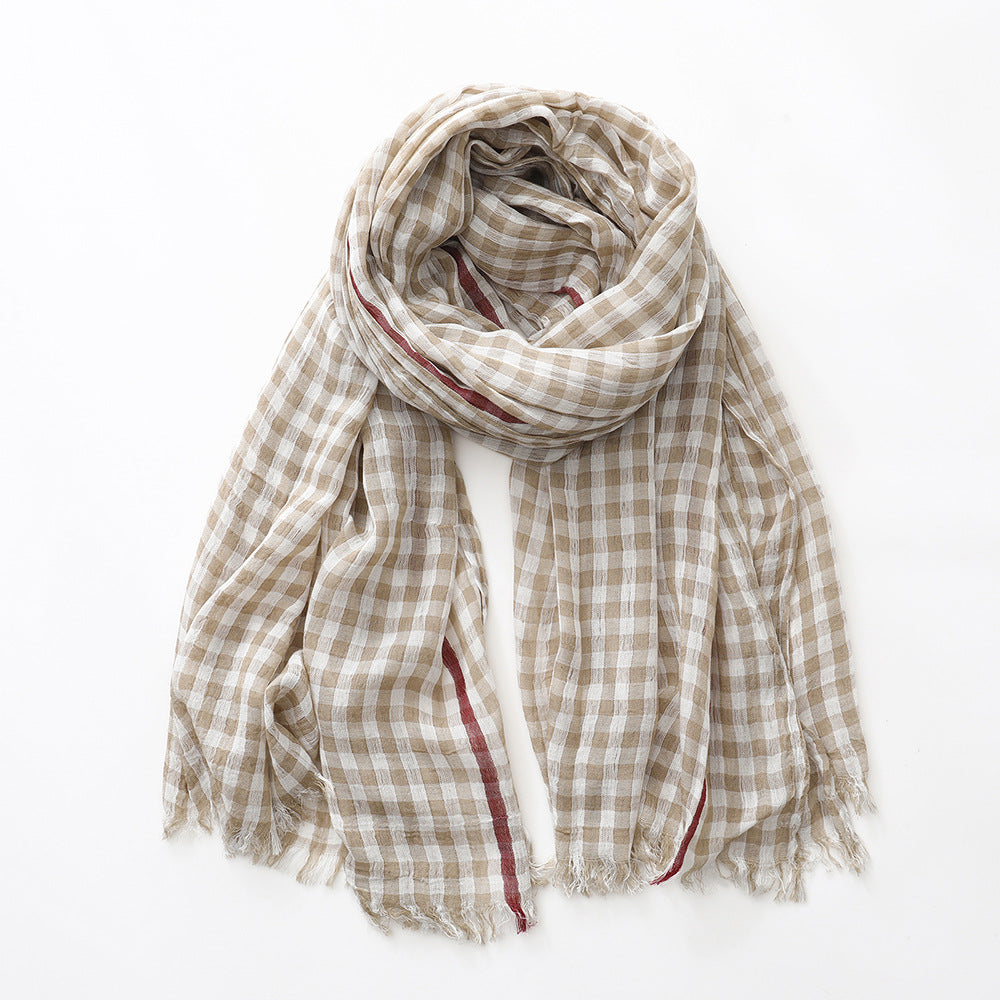 Plaid Scarf Men And Women Cotton Thin Khaki